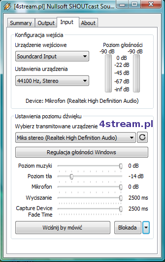 Nullsoft Shoutcast Source DSP - Konfiguracja wejścia